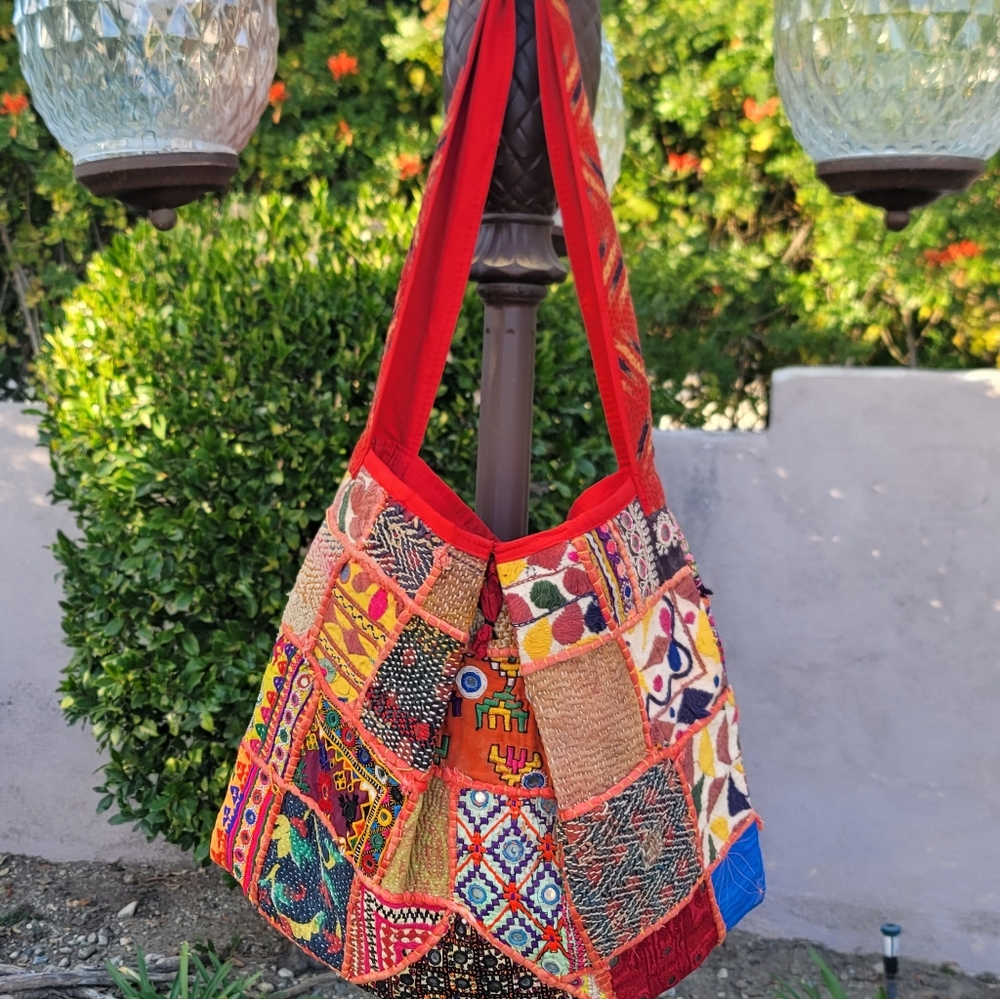 Vtg Handmade Bohemian Patchwork Mirror Work Tassel Embroidered Tote Bag - Picture 4 of 7